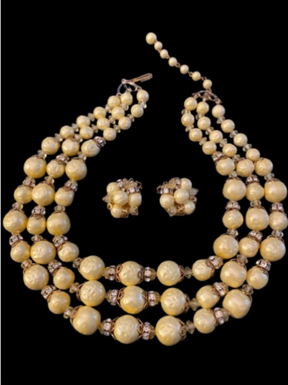 1950s MCM 3-strand Baroque Pearl Gold Rhinestone Necklace & Clip-On Earring Set